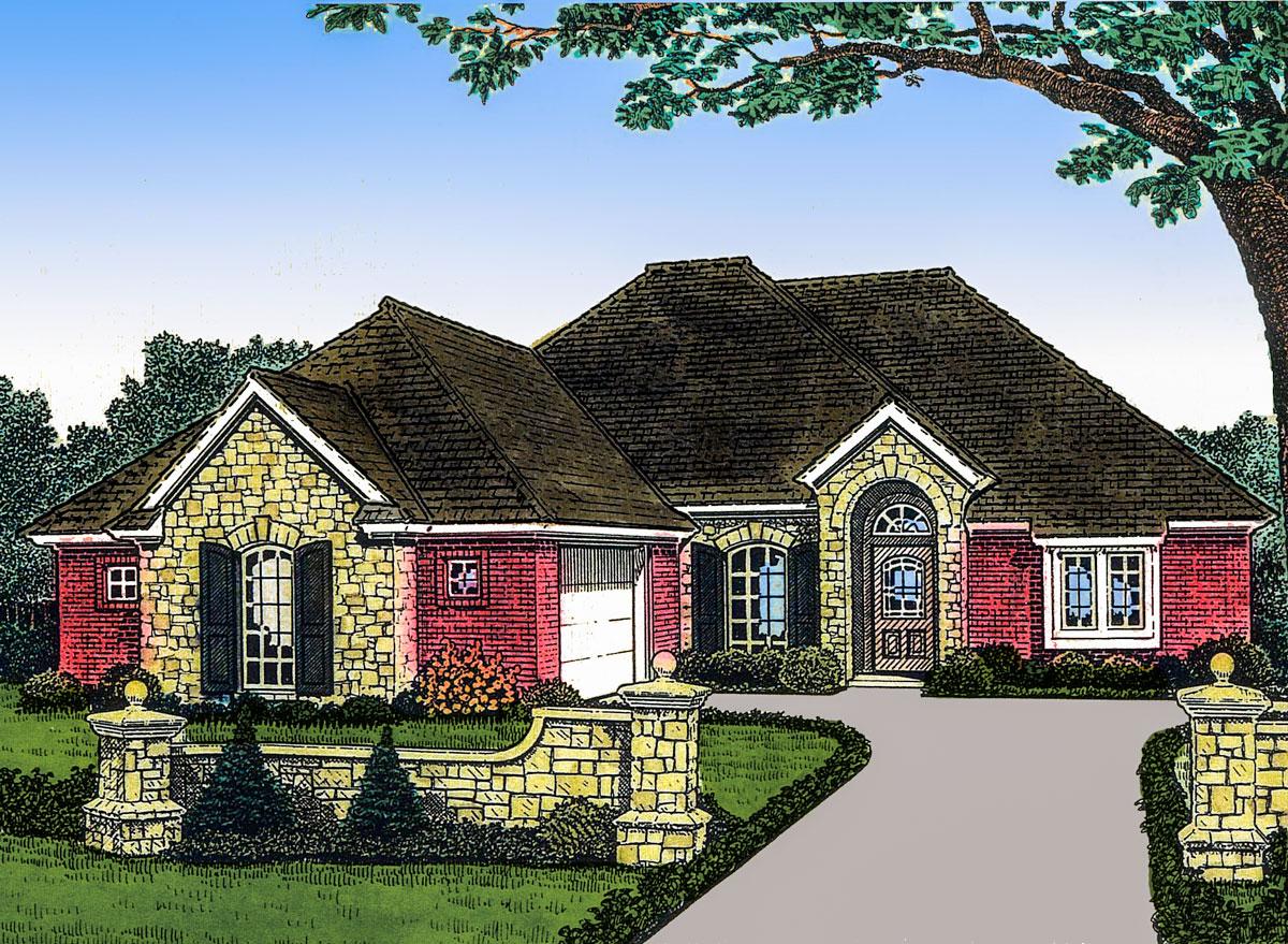 House plan exterior: one-story dwelling with stone and brick facade, arched entry, gables, and attached garage.