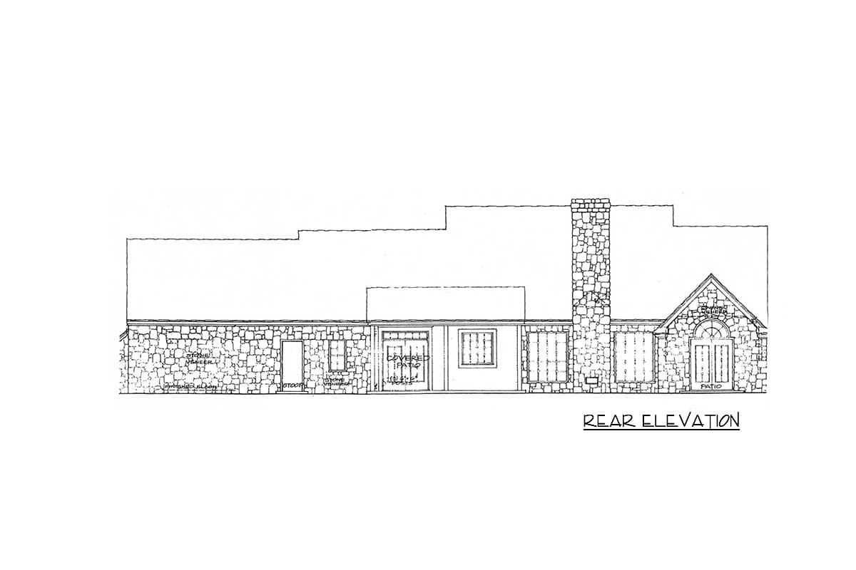 Rear elevation drawing of a house plan with stone veneer, covered patio, and prominent chimney.
