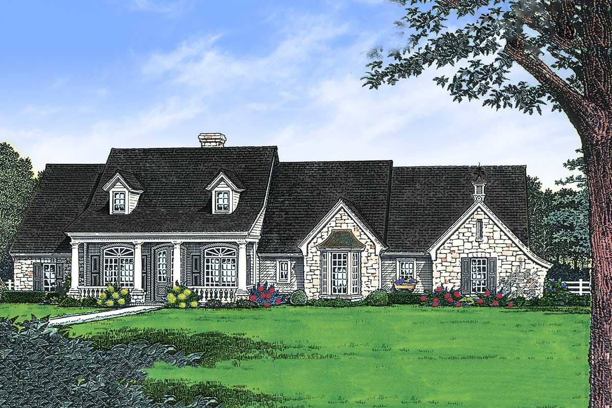 House plan exterior showing a 1.5-story home with a covered porch, dormers, stone accents, and a multi-gabled roof.
