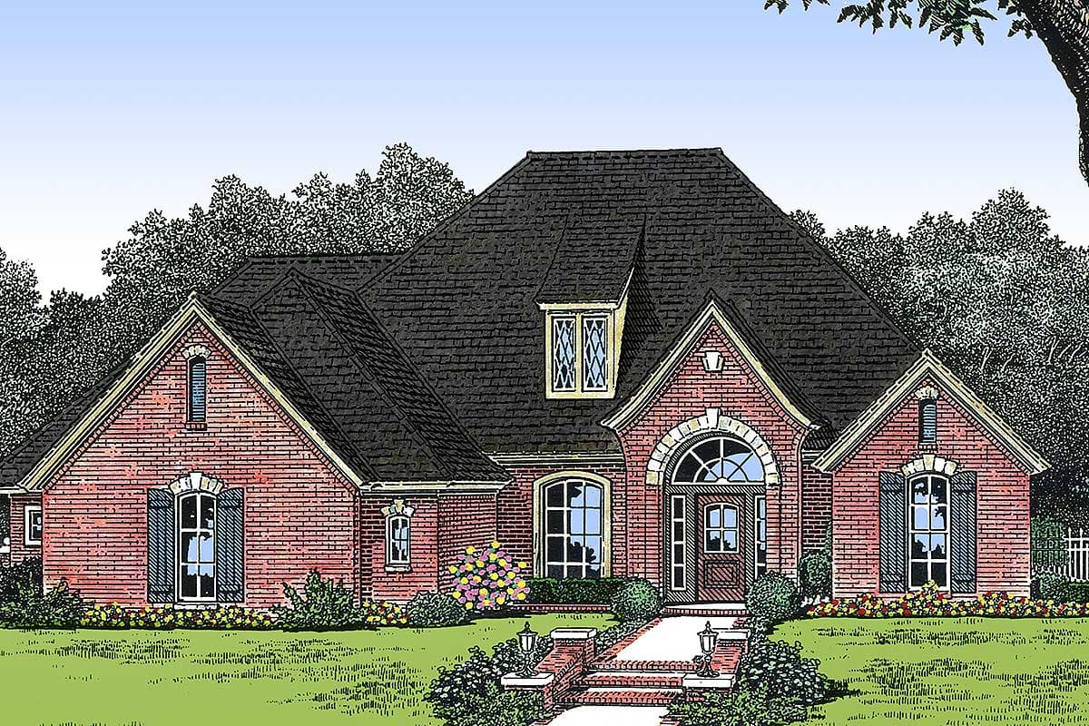 House plan exterior: Brick one-story home with prominent arched entryway, gables, and dormer window.
