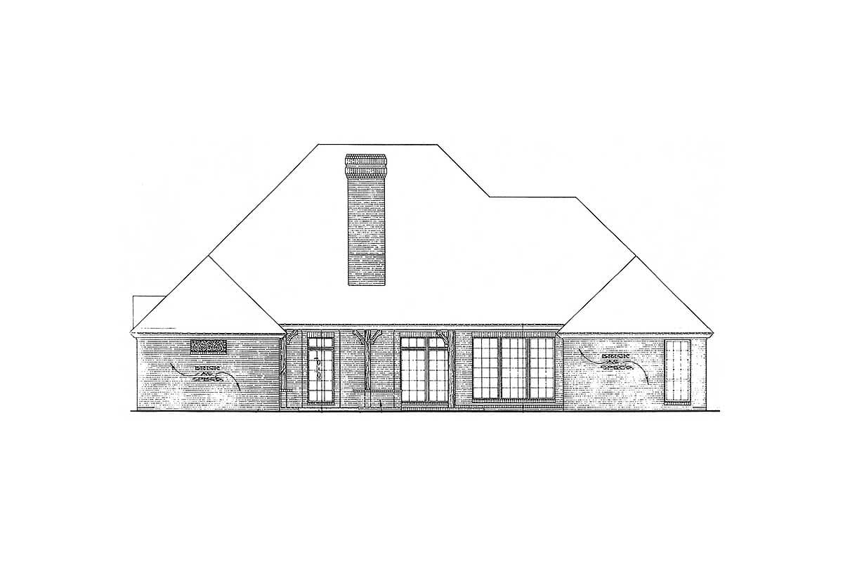 House plan elevation drawing showing a brick exterior with a prominent chimney, multiple windows, and a door.