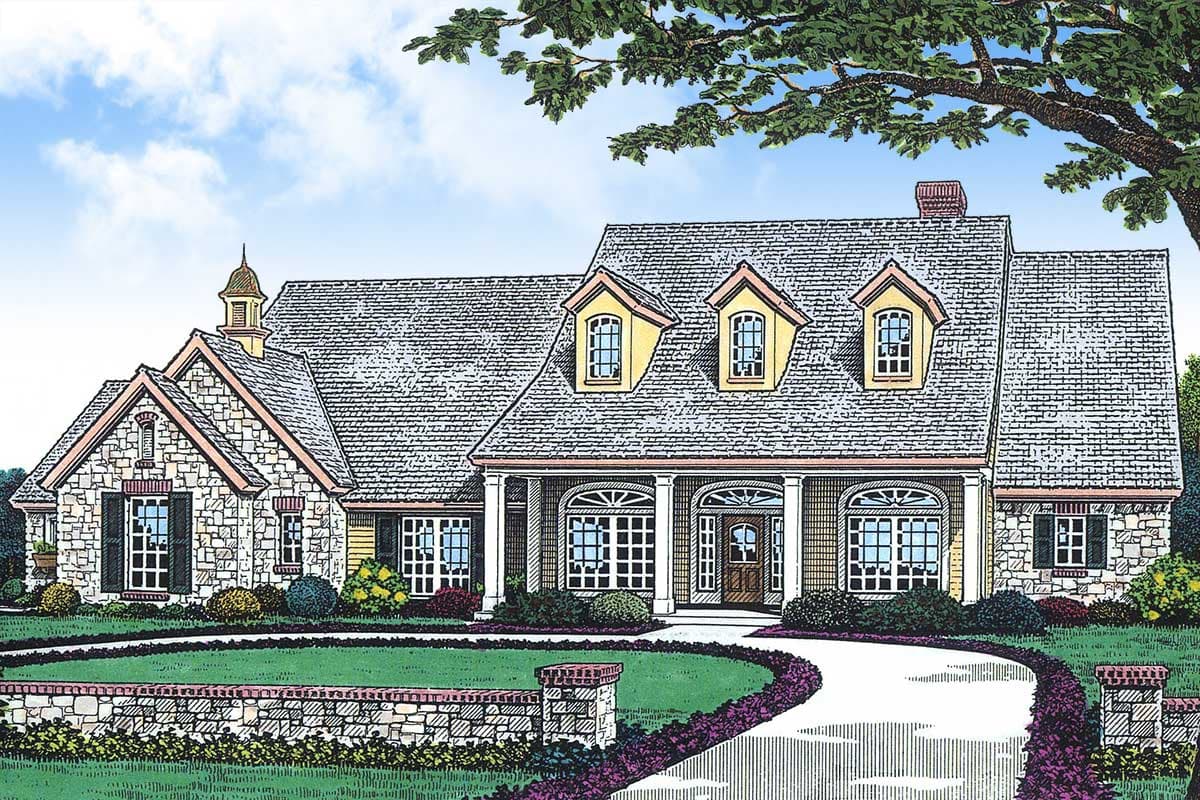 House plan exterior: Stone and clapboard, multiple gables, dormers, covered porch with columns, cupola.