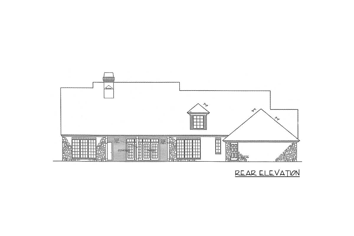 Rear elevation house plan with stone accents, multiple windows, french doors, covered patio, dormer, and chimney.