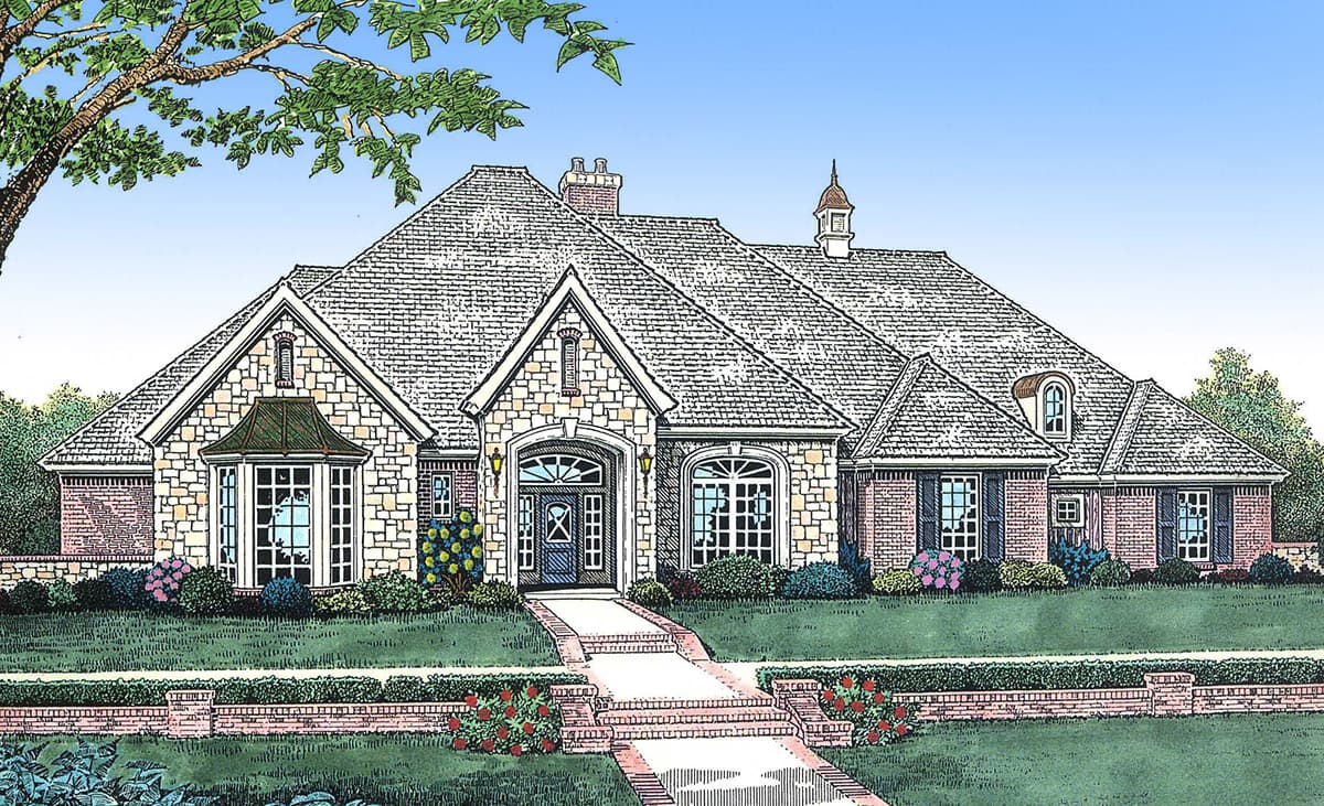 House plan exterior: One-story home with stone and brick facade, arched entryway, bay windows, and multi-level rooflines.