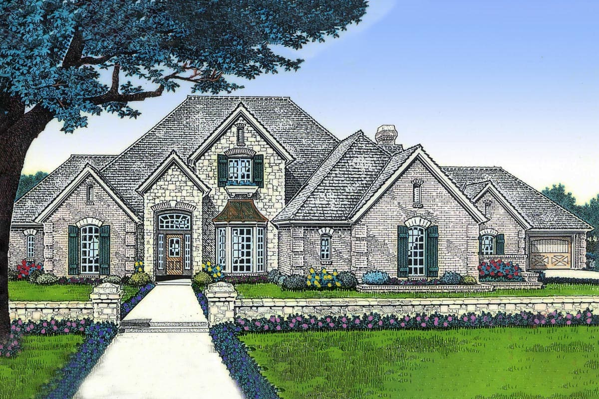 House plan exterior: This two-story brick and stone residence features multiple gables, a prominent arched entry, and green shutters.