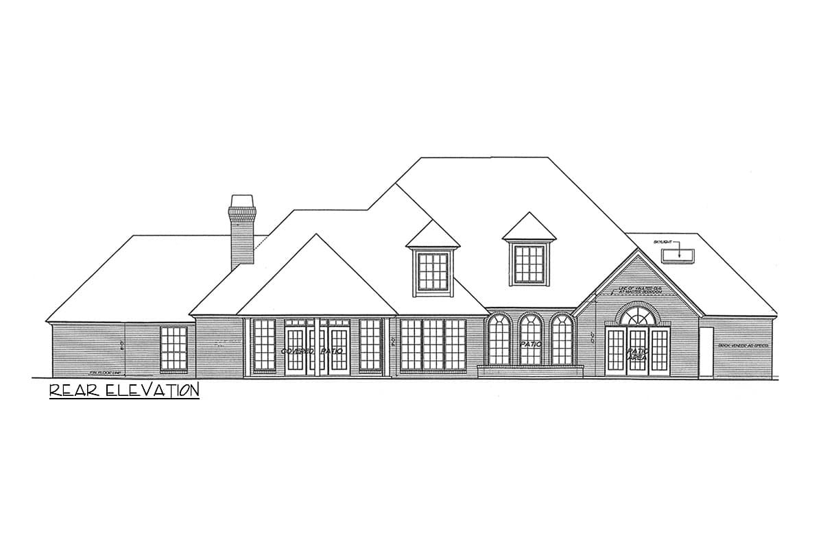 Rear elevation house plan featuring a prominent chimney, covered patio, arched windows, and multiple gables.