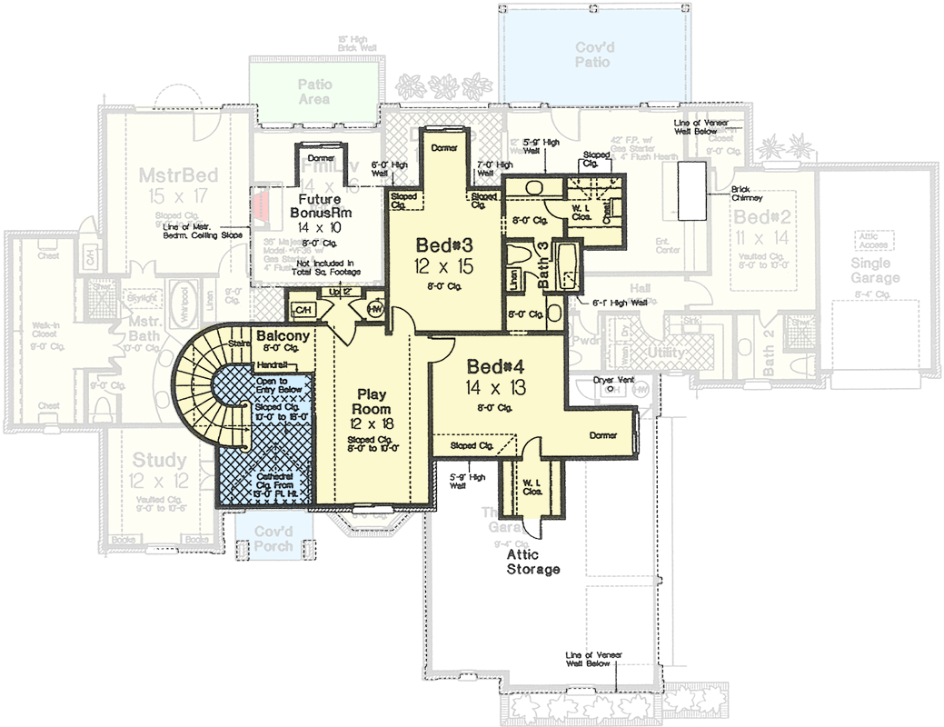 Plan 48226FM: 3760 Square Foot 4 Bed European-Style House Plan with Upstairs Playroom - Floor Plan - 2nd Floor - European, French Country