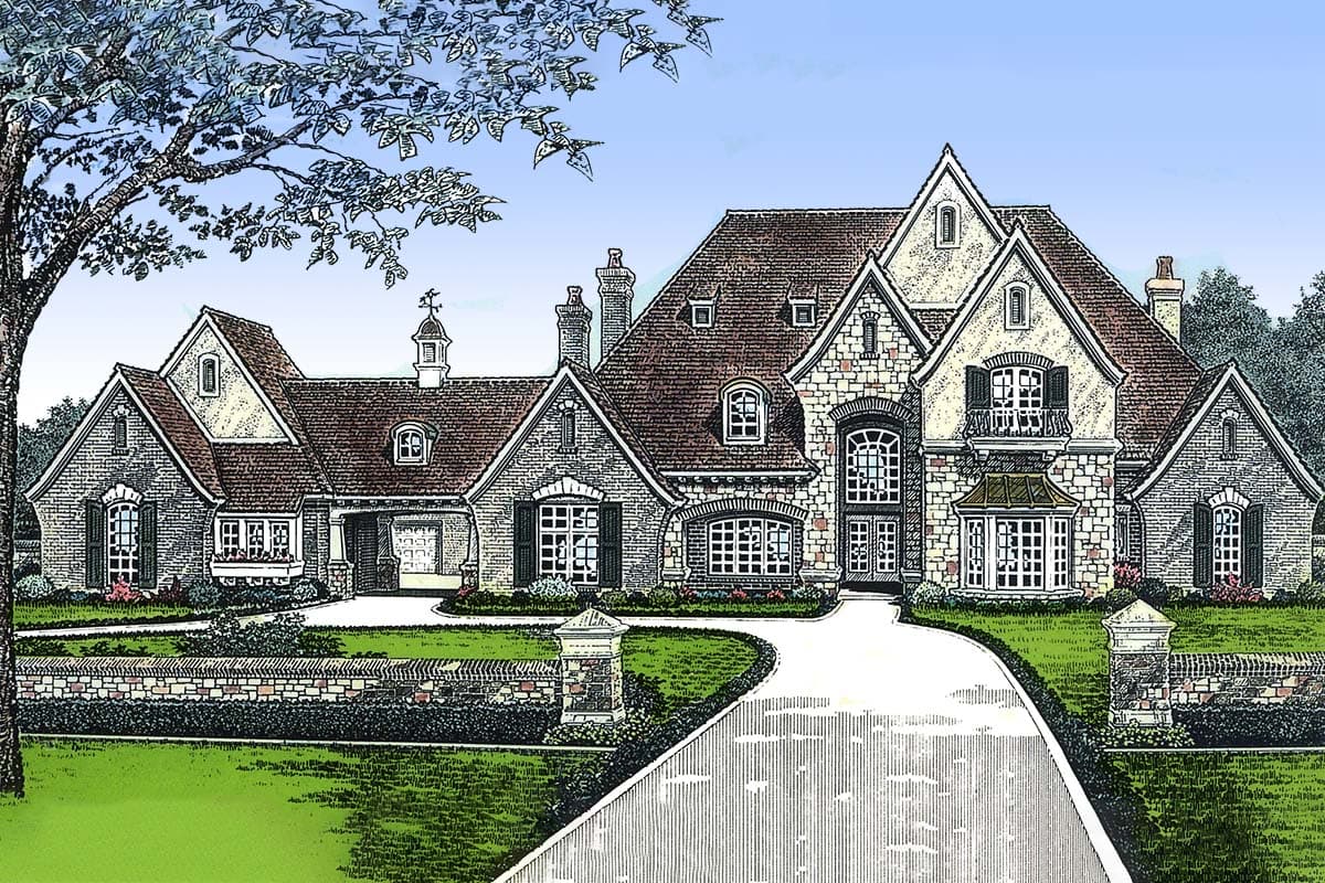 House plan exterior: European style, two stories, stone and brick facade, multiple gables, arched windows, and balcony.