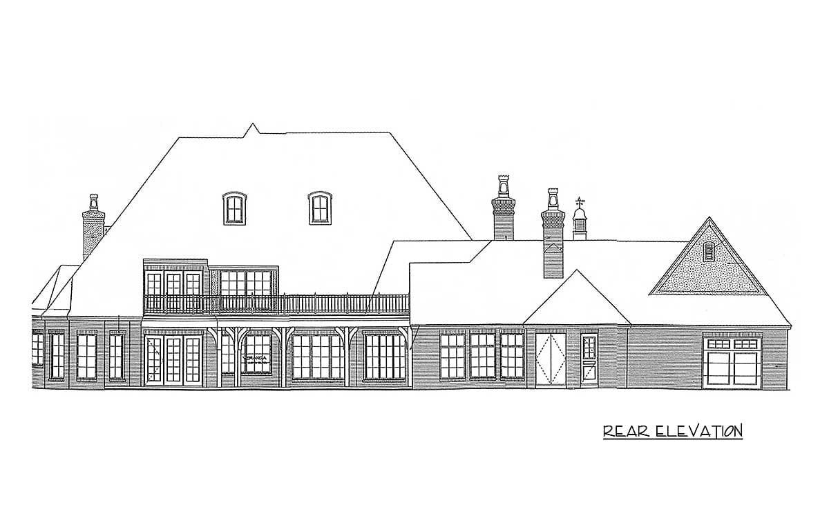 Rear elevation drawing of a multi-story house plan with dormers, chimneys, a balcony, and a garage.