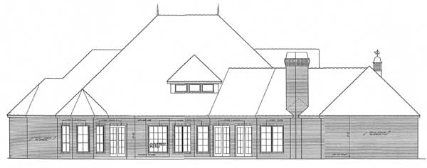 Architectural drawing of a house plan rear elevation, featuring multiple gables, a dormer, a prominent chimney, and numerous windows and French doors.