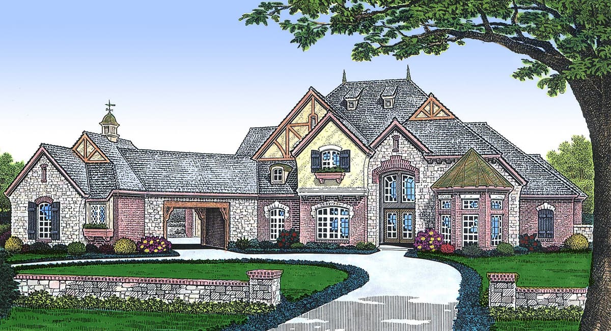 House plan exterior: Tudor style, multiple gables, stone and brick facade, arched entryway, and attached porte-cochère.