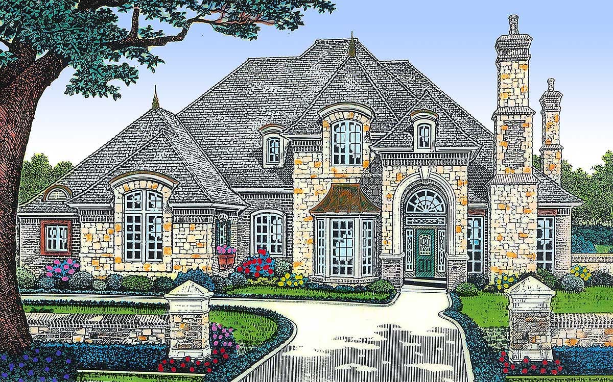 House plan exterior of a two-story stone-clad residence with multiple gables, dormers, arched windows, and dual chimneys.