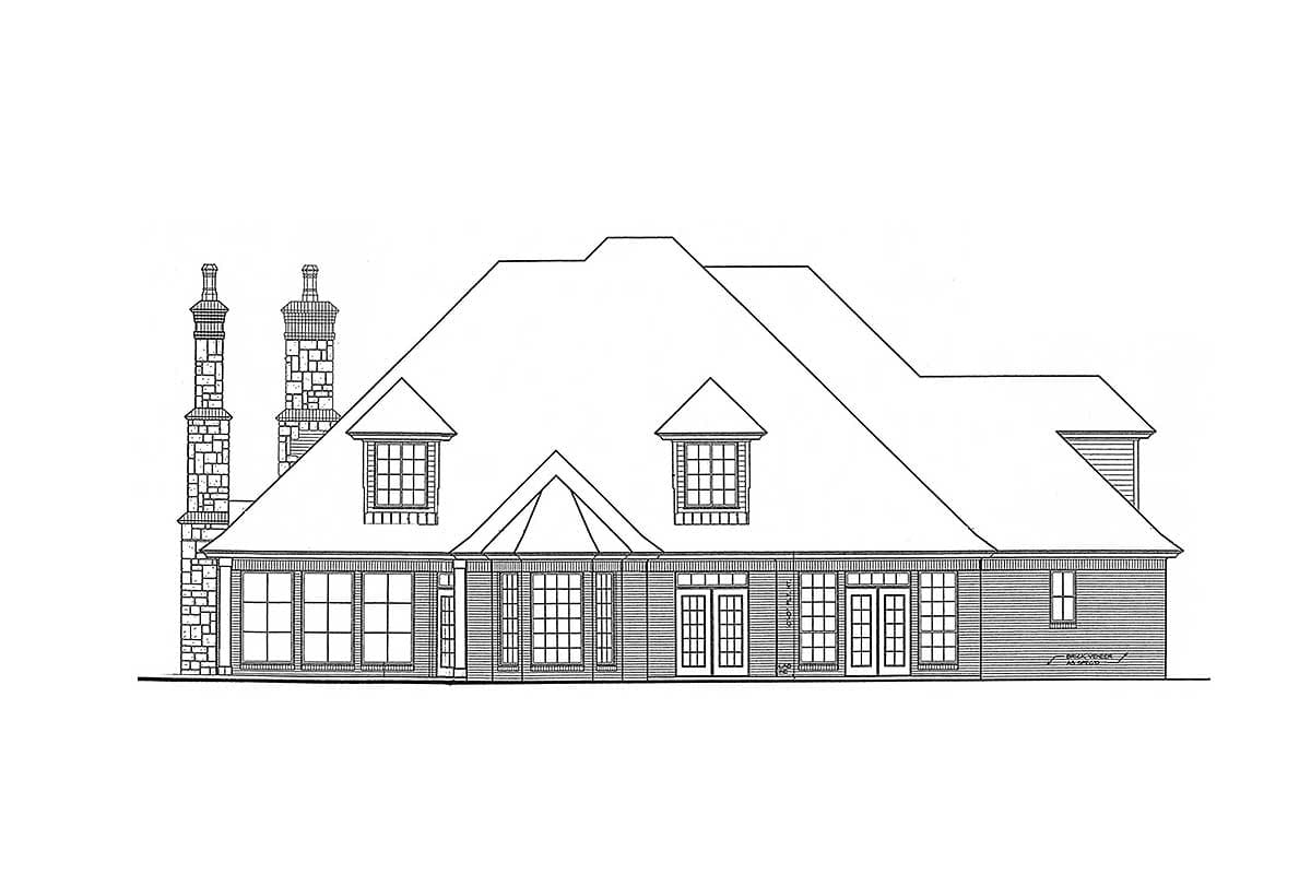 House plan exterior elevation with dual chimneys, multiple gables, dormer windows, and French doors.