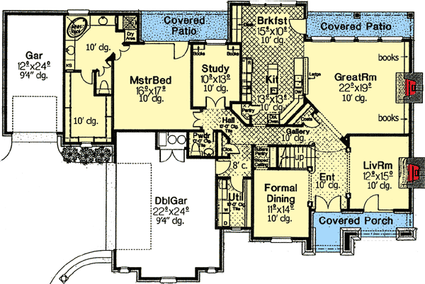 Plan 48243FM: Classic Lines and Twin Fireplaces - Floor Plan - Main Level - European, French Country