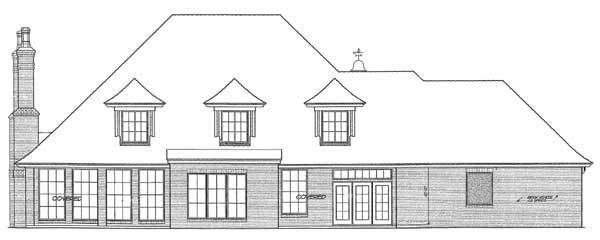 House plan exterior: side elevation showing brick facade, large windows, dormers, and a prominent hip roof with finial.