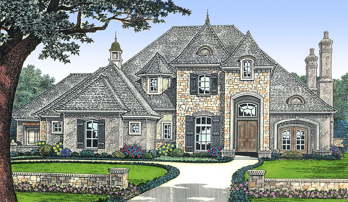 House plan exterior with stone and brick facade, multiple gables, dormers, arched entryway and chimneys.