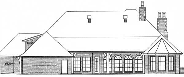 House plan exterior drawing: two stories, brick facade, multiple gables, dormers, and covered patio.