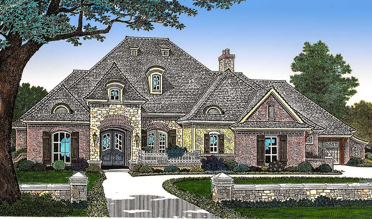 House plan exterior: French Country style, 1.5 stories, mansard roof, dormers, arched entryway, brick and stone facade.