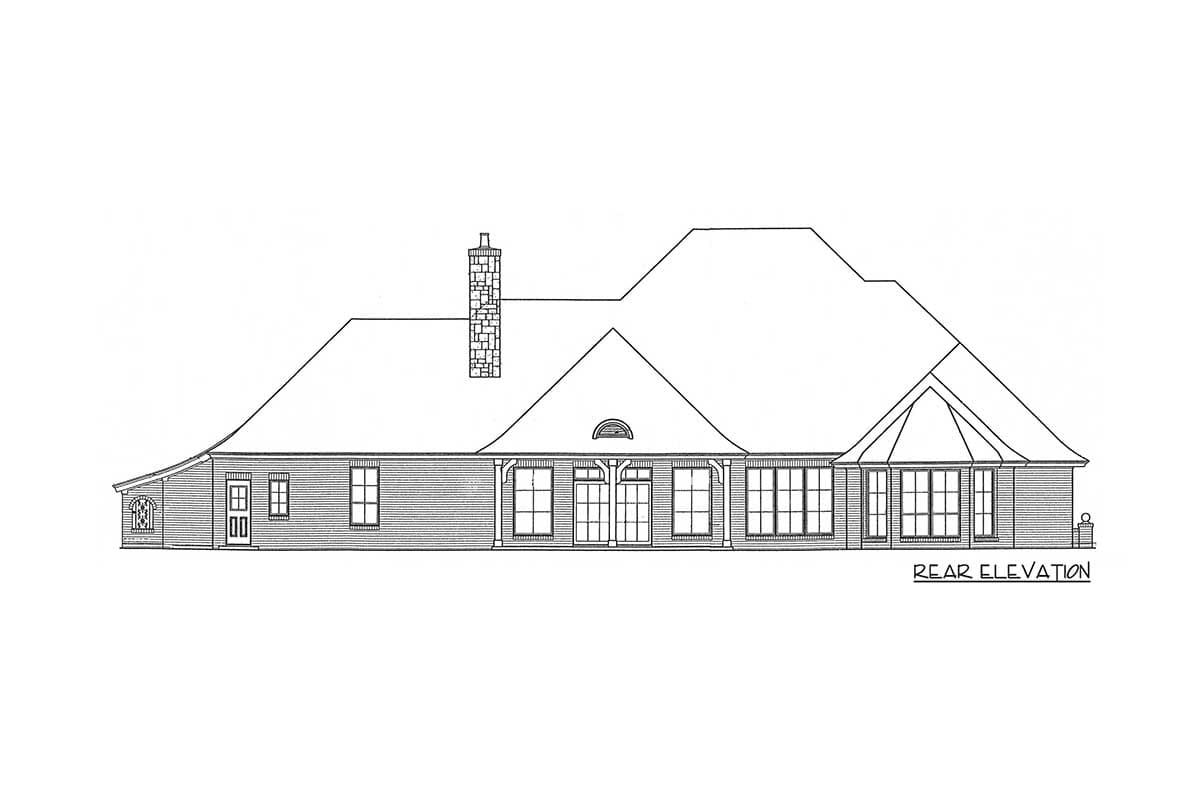 Rear elevation drawing of a one-story house with a prominent stone chimney, a covered porch with double doors, and numerous windows.