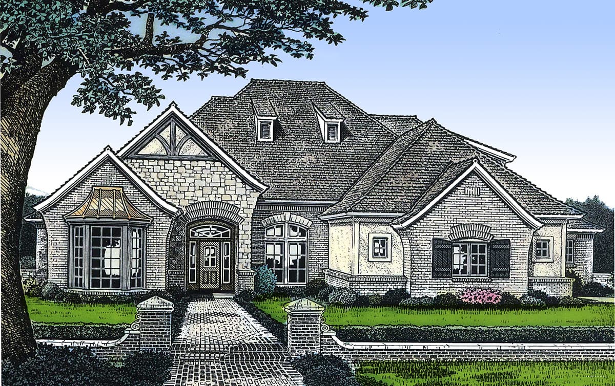 House plan exterior: Traditional style, multi-level roof with dormers, stone and brick facade, bay window, and arched entryway.