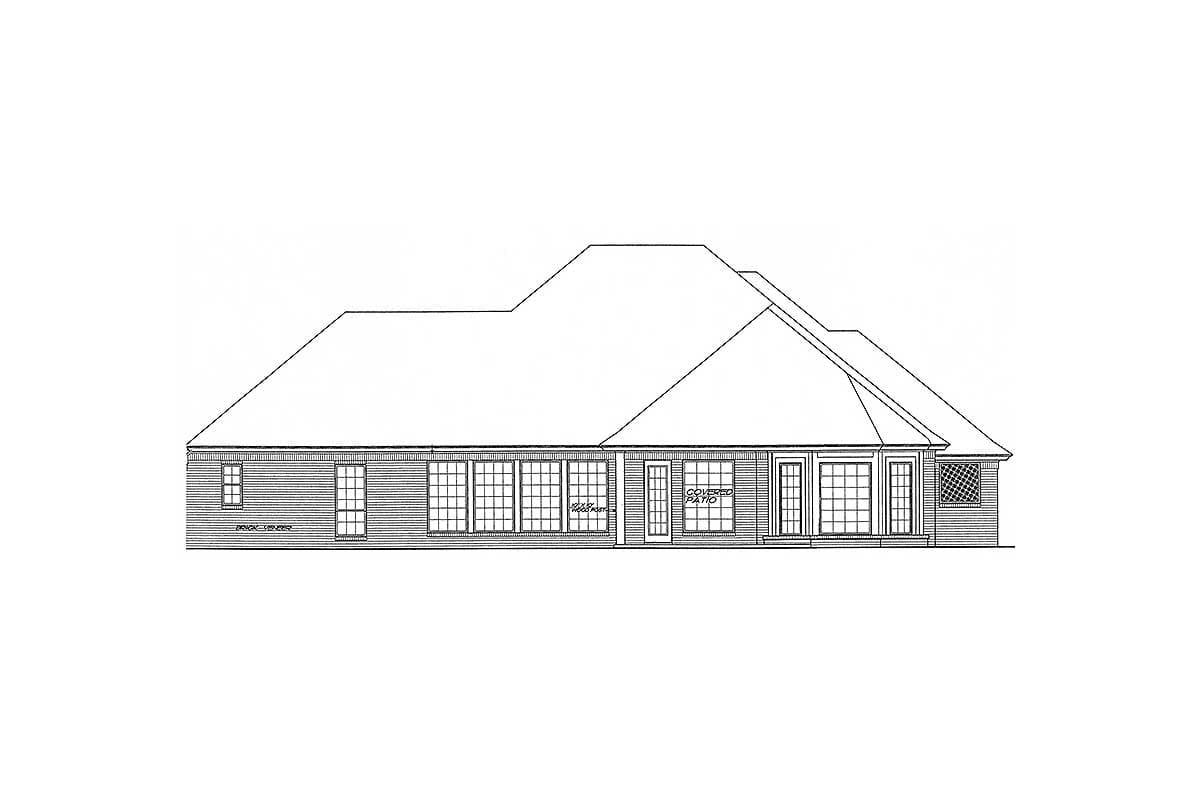 House plan side elevation showing a single-story home with a covered patio, multiple windows, and a hip roof.