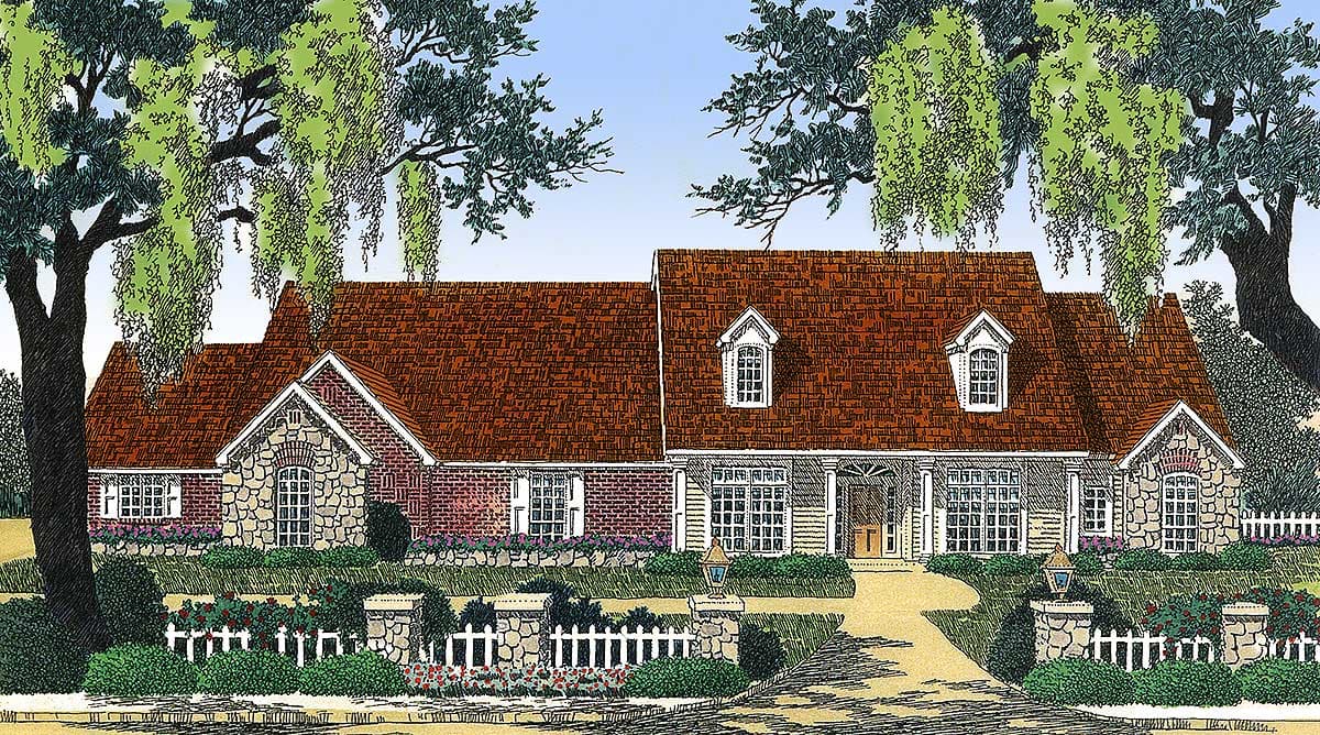 House plan exterior drawing featuring a brick and stone facade, a prominent gambrel roof, and dormer windows.