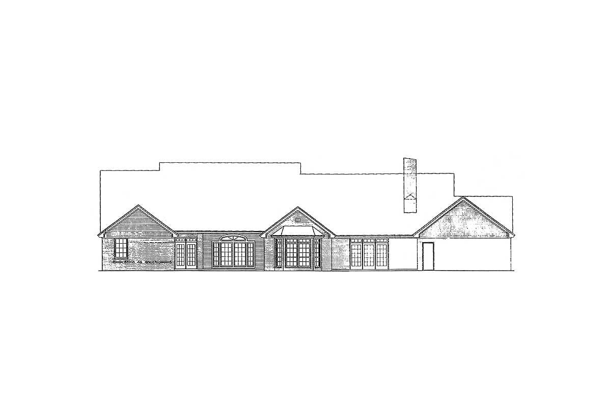 Architectural drawing of a one-story house plan exterior featuring gables, numerous windows, and a prominent roofline.