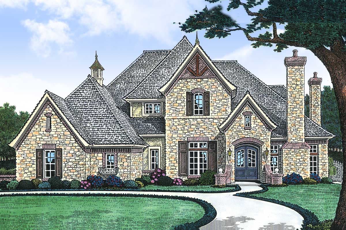 House plan exterior featuring stone facade, multi-gabled roofline, prominent chimneys, and arched entryway.