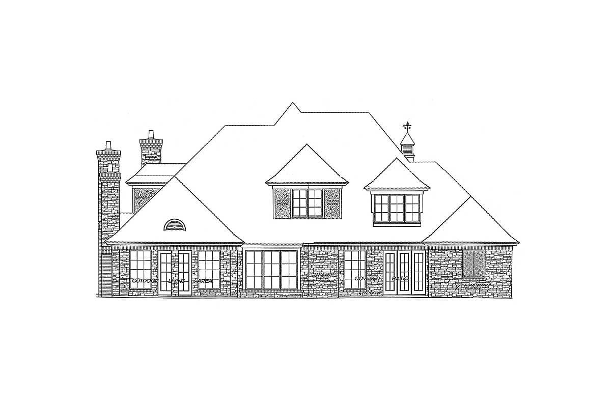 House plan exterior elevation with stone facade, multiple dormers, gabled roof, and dual chimneys.