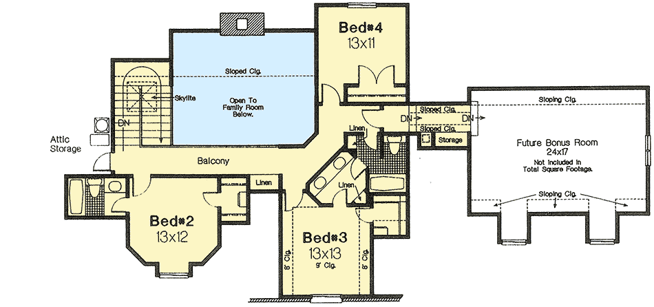 Plan 48263FM: 4-Bed House Plan with 2-Story Family Room and Bonus Over Garage - Floor Plan - 2nd Floor - European, Tudor