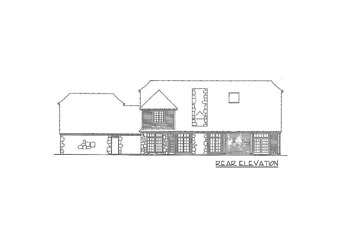 Rear elevation drawing of a house plan featuring stone and wood siding, multiple windows, and varied rooflines.