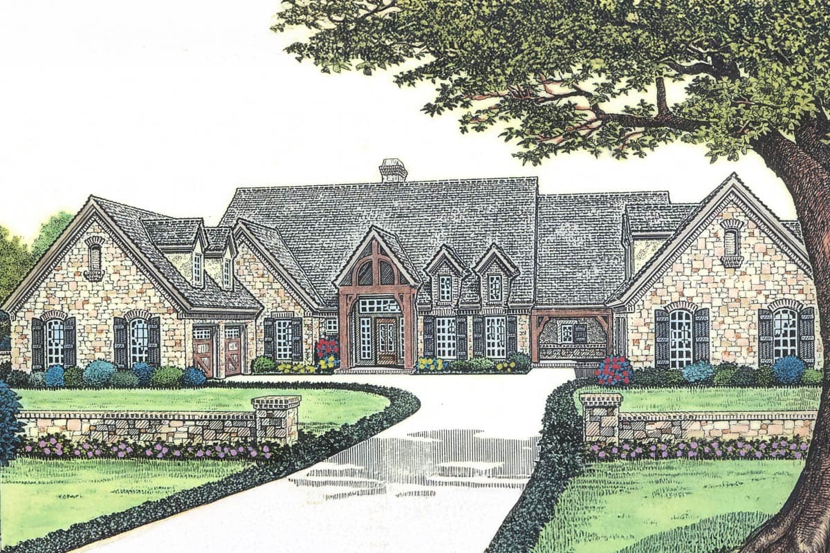 House plan exterior of a multi-story stone home with dormers, gables, and a covered entryway with timber framing.