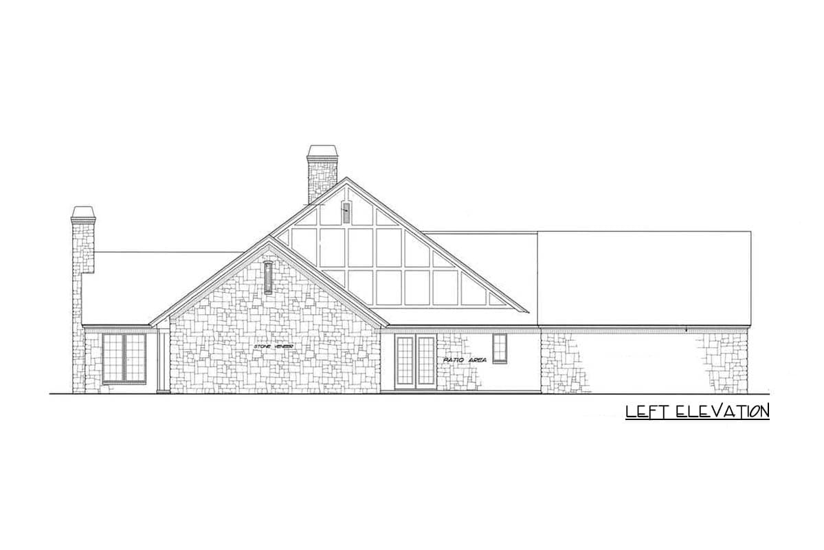House plan left elevation featuring stone veneer, prominent gables, two chimneys, and a covered patio area.