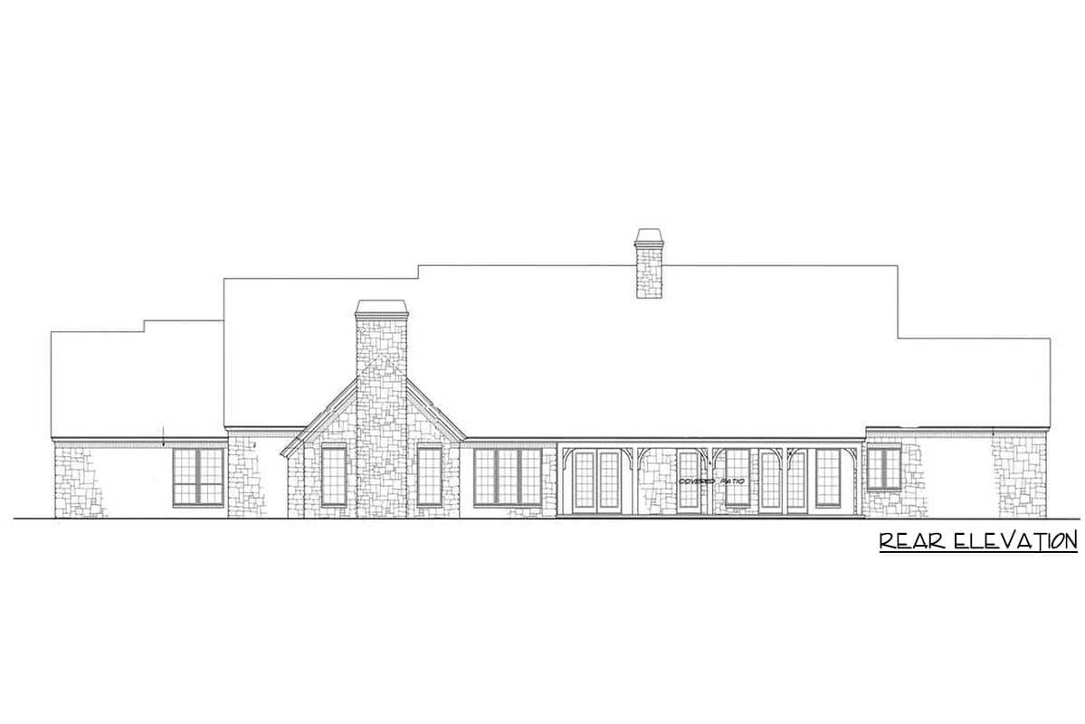 Rear elevation drawing of a single-story house plan featuring stone accents, multiple windows, and a covered patio.