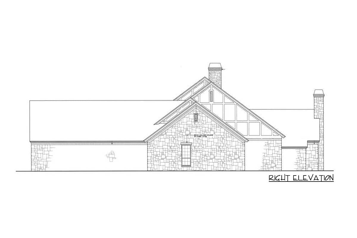 Right elevation drawing of a house plan featuring stone exterior, multiple gables, and prominent chimneys.