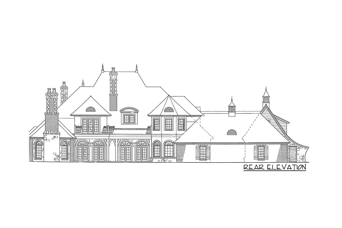 Rear elevation drawing of a multi-story house with mansard roof, dormers, multiple chimneys, and French doors.