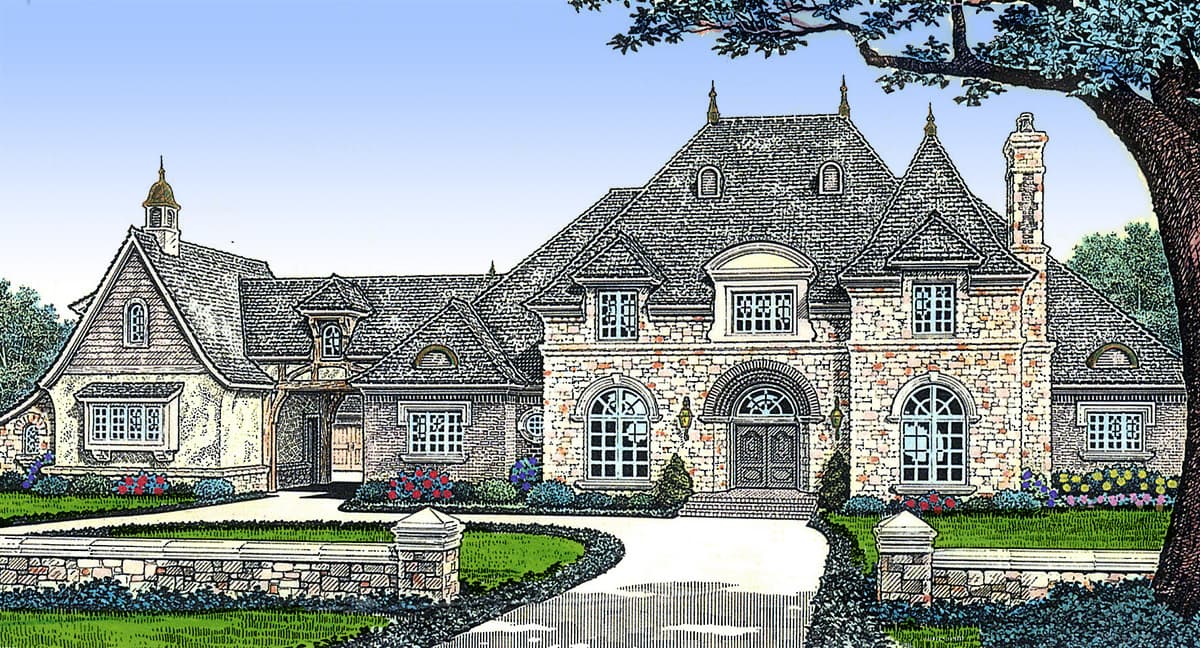 French Provincial style house plan exterior with varied rooflines, stone facade, arched entry, and dormer windows.