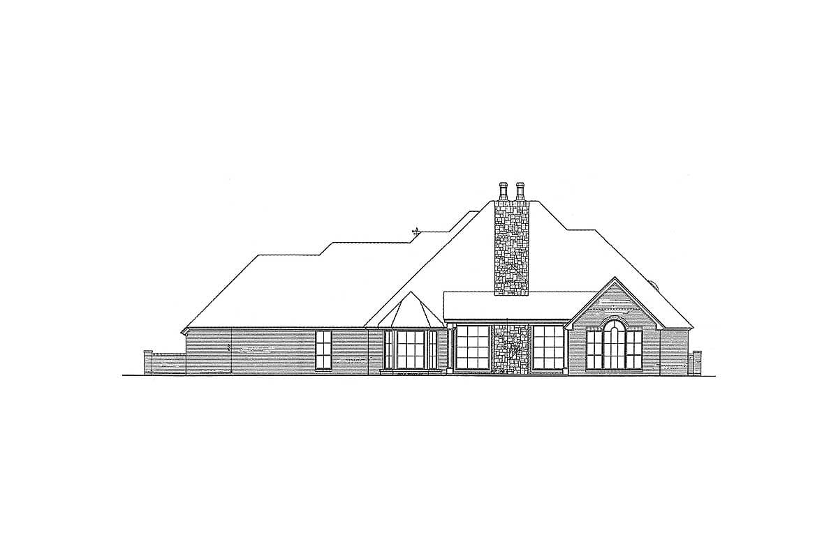 House plan exterior elevation showing a single-story home with a prominent stone chimney, multiple gables, and diverse window styles.