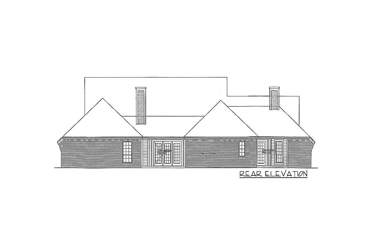 Rear elevation drawing of a house plan featuring multiple gables, two chimneys, and French doors leading to a covered patio.