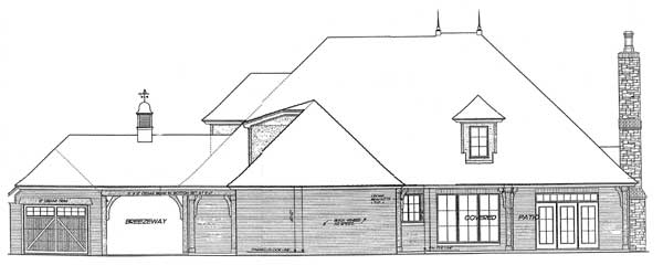 House plan exterior drawing showing a two-car garage, breezeway, covered patio, French doors, and stone chimney.