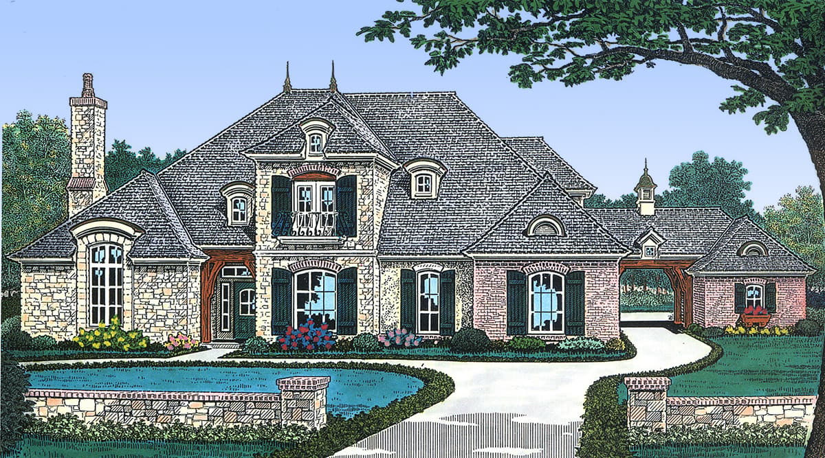 House plan exterior, French-inspired design with mansard roof, dormers, stone and brick facade, and arched entryway.
