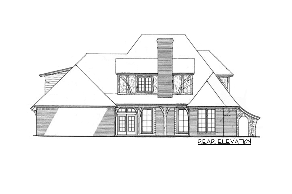 Rear elevation drawing of a house plan featuring a prominent chimney, multiple gables, a covered porch with exposed beams, and arched stone accents.