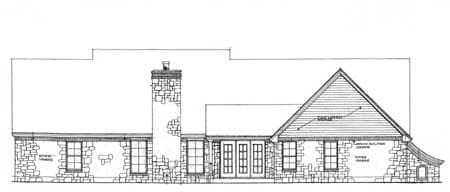 House plan elevation drawing showing a side view of a single-story home with stone exterior, gabled roof, and double doors.