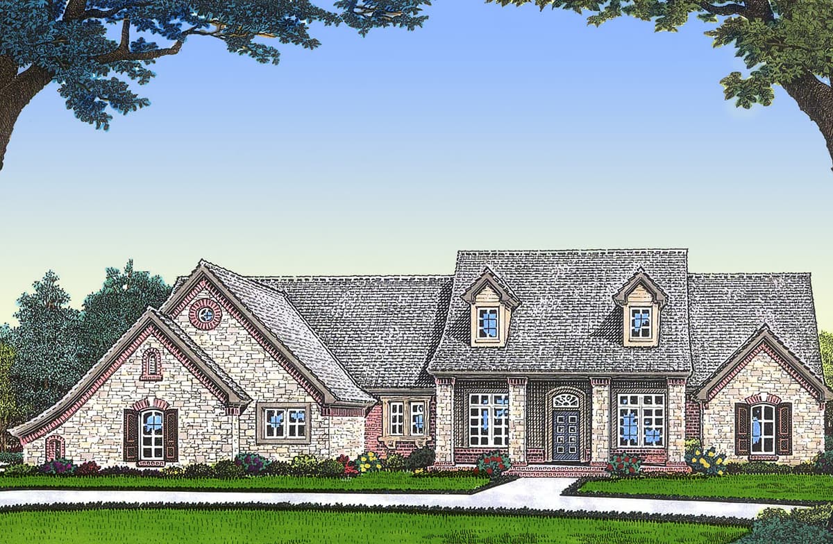 House plan exterior: one-story home with stone facade, gabled dormers, arched entry, and multi-level rooflines.
