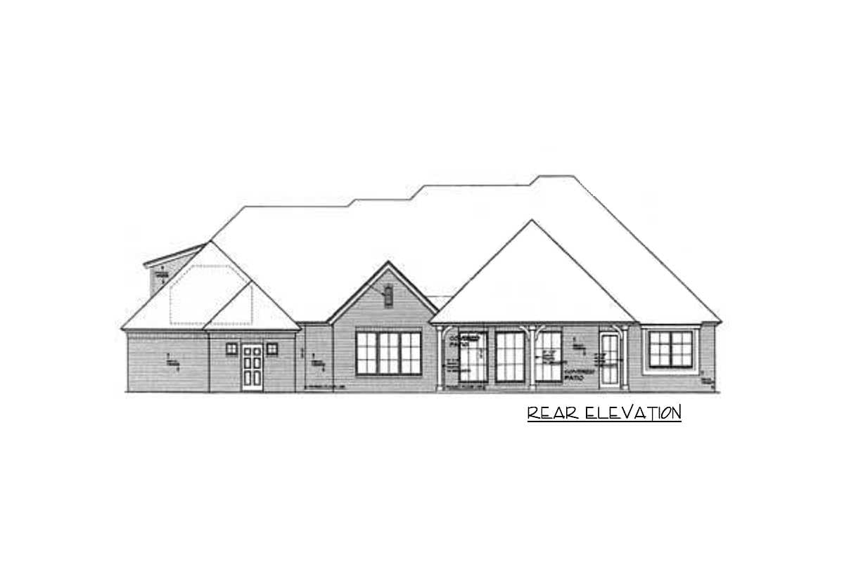 Rear elevation drawing of a one-story house plan with multiple gables, a covered patio, and double entry doors.