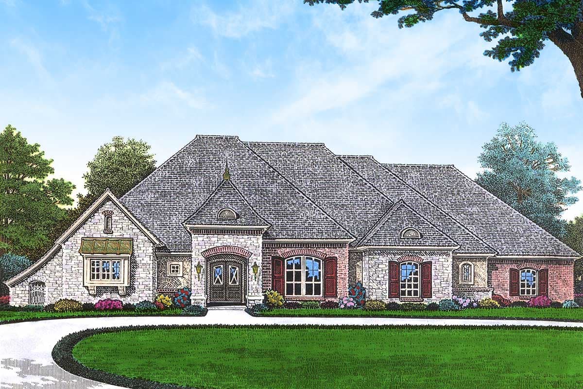 House plan exterior: One-story home with steeply pitched roof, stone and brick facade, arched entry, and dormers.
