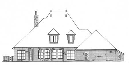 House plan elevation drawing showing a side view with dormers, a mansard roof, and a prominent chimney.