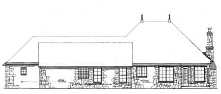House plan exterior drawing with stone veneer, multiple windows, and a tall chimney. One story.