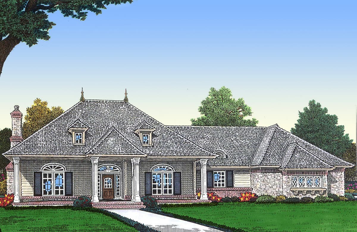 House plan exterior: Single-story dwelling with a prominent hipped roof, dormers, columns, and arched windows.