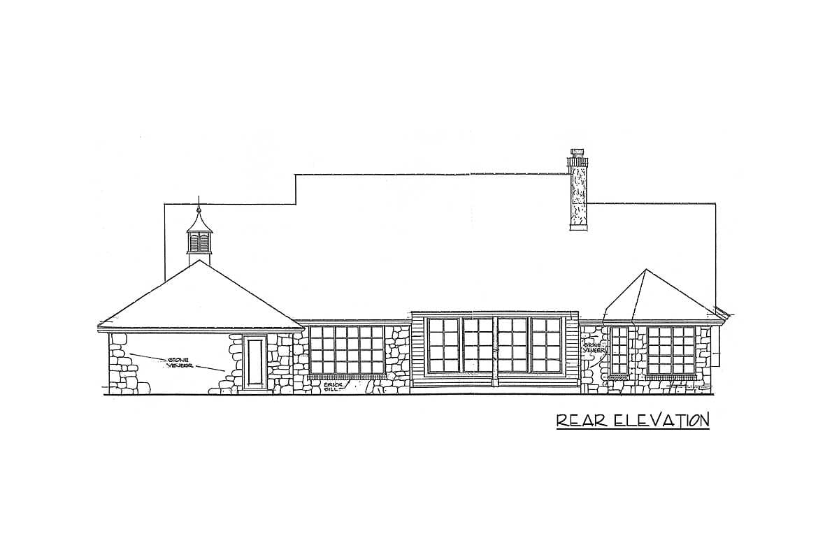 Rear elevation house plan showing stone veneer, large windows, cupola, and chimney.